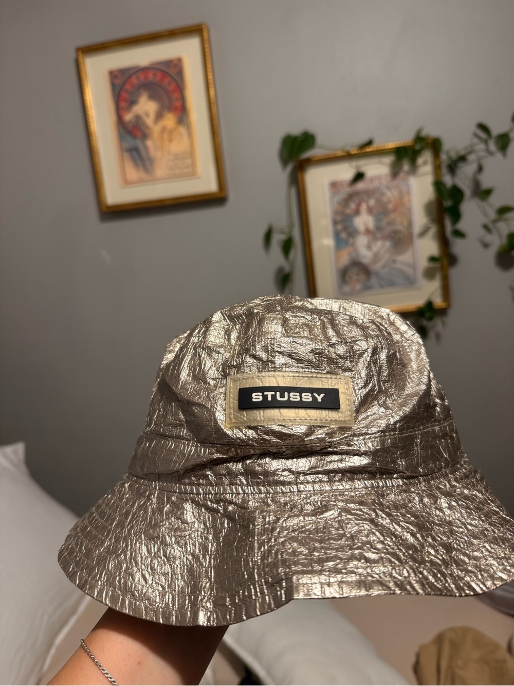 Stussy Metallic Silver Crinkled Bucket Hat